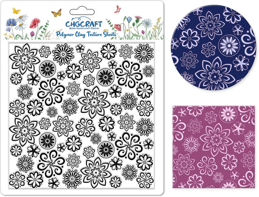 CHGCRAFT Lace Flowers Polymer Clay Texture Sheets Geometric Flowers Silicone Texture Stamp Clay Texture Mat Modeling Pattern Pad Texture Sheets for Jewelry and Clay Earrings Tools, 5.5x5.5 inch