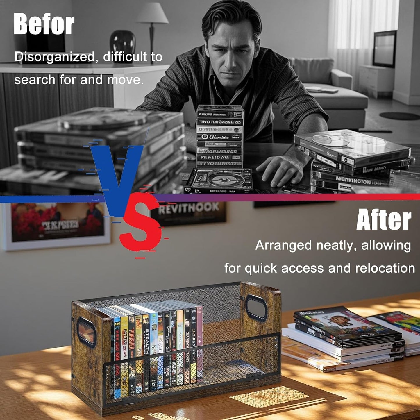 DVD Storage Shelve Blu ray Holder, DVD Rack Hold Up To 28 DVD Cases, Stackable DVD Tower also Used for CDs, Video Game Cases, Vhs Taps, Desktop organizer at Home Or Office