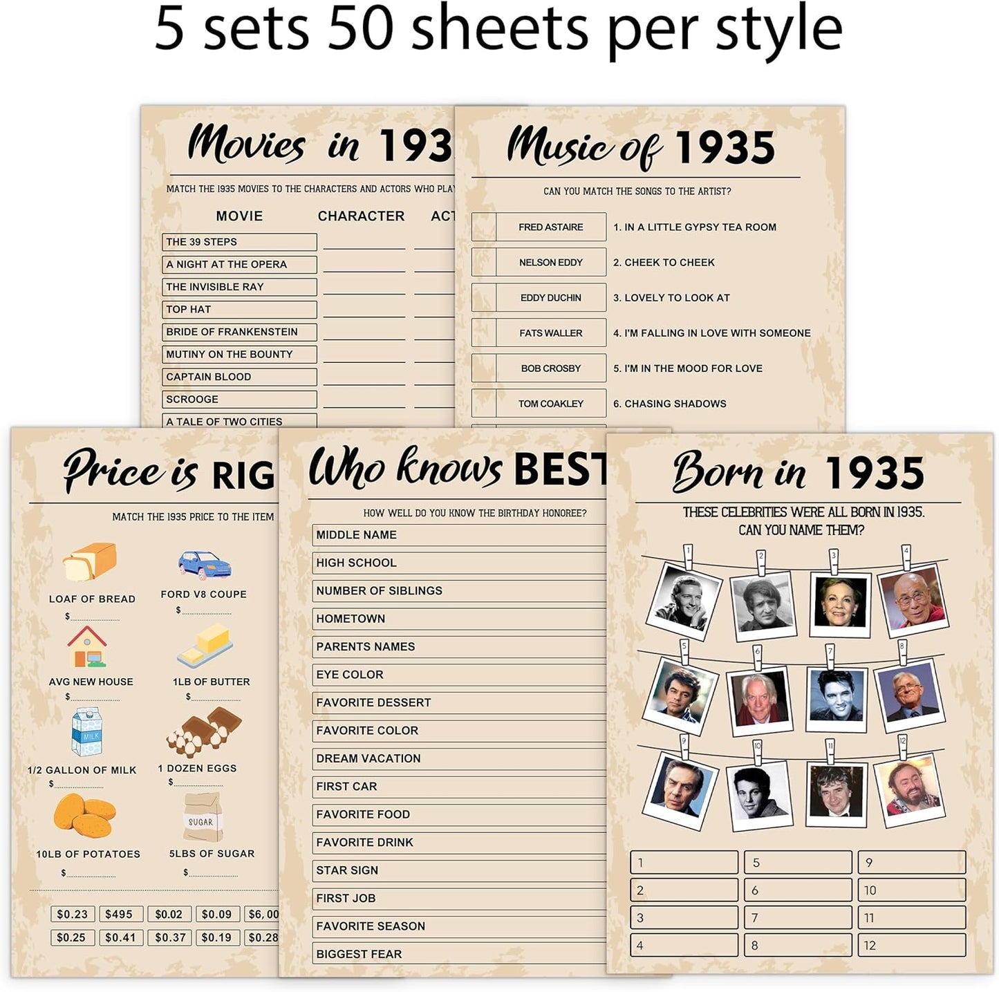 90th Birthday Party Games, Set of 5 Activities for 10 Guests, Born in 1935 Games Bundle, Birthday Party Supplies for Adults, Pack of 50 Cards