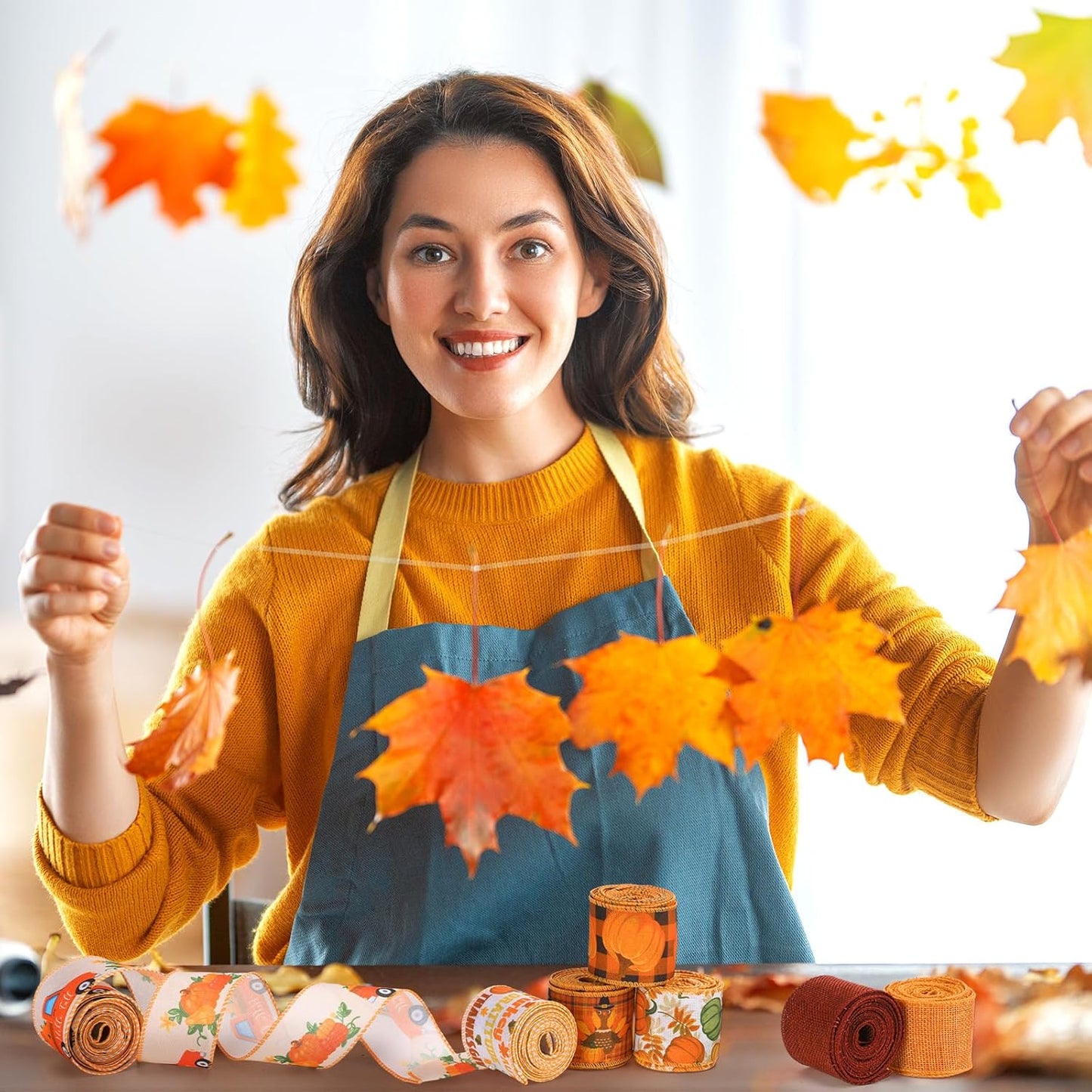 12 Rolls Fall Wired Edge Ribbon for Wreaths 2 Inch x 60 Yards Maple Leaves Pumpkin Turkey Print Ribbon Thanksgiving Plaid Crafts for Autumn Harvest Party Decoration Supplies, 12 Styles