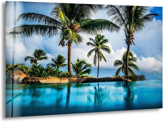 My Photostation.com Round 24'' Island & Blue Sea Glass Wall ArtTempered Glass Printing Wall Decor Large Wall Art Wall Hangings