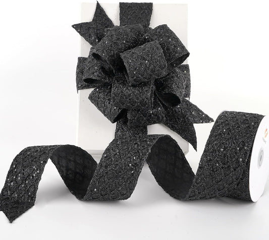 HUIHUANG Glitter Black Wired Ribbon for Christmas Tree 2.5 inch Black Diamond Mesh Wire Ribbon for Tree Decoration, Wreaths, Garland, Gift Wrapping, Bows Making, Halloween Decor -10 Yards