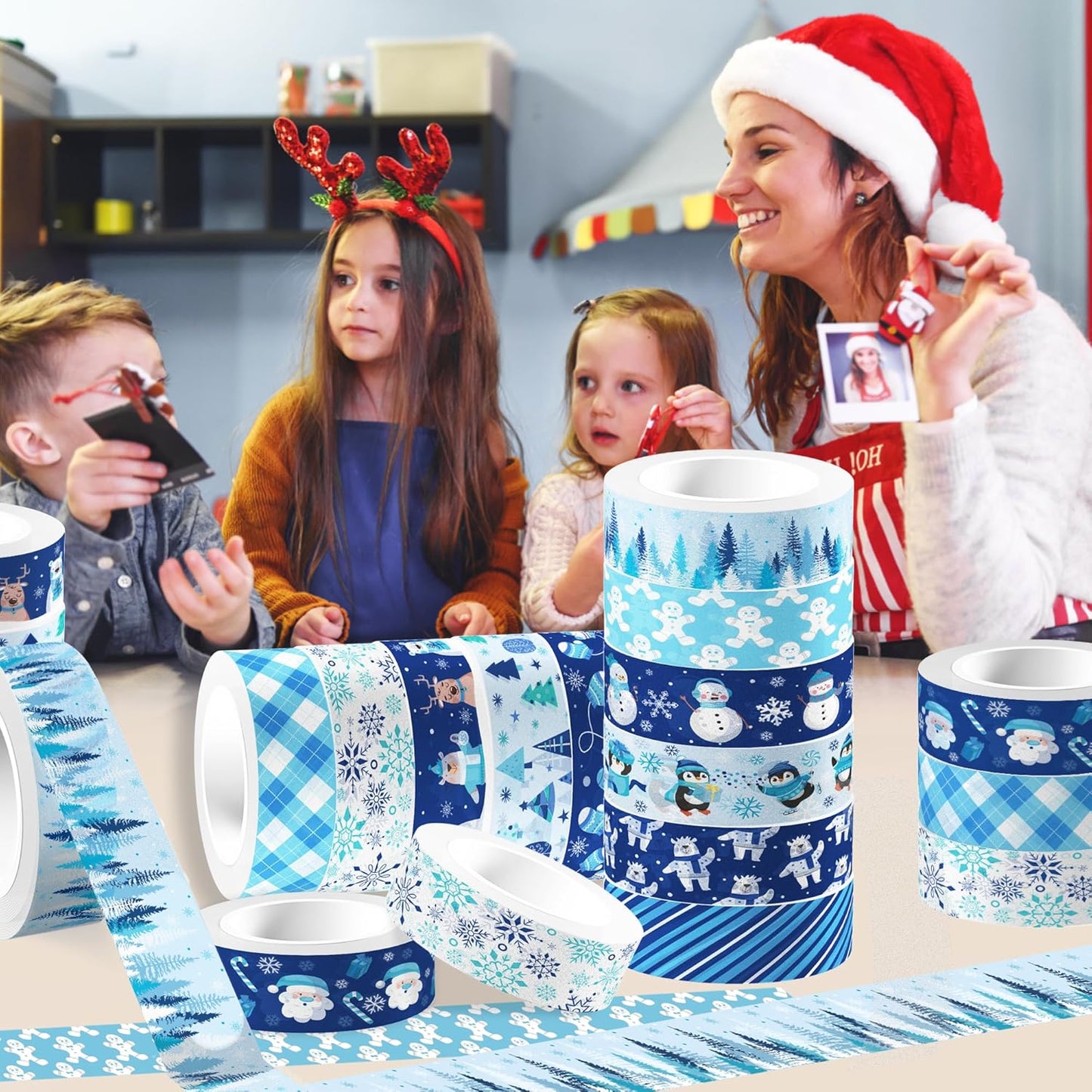 12 Pcs Christmas Washi Tape Blue Snowflake Print Masking Tape Frozen Pattern Decorative Paper Sticker for Christmas Party Holiday Scrapbook Handbook Sticker