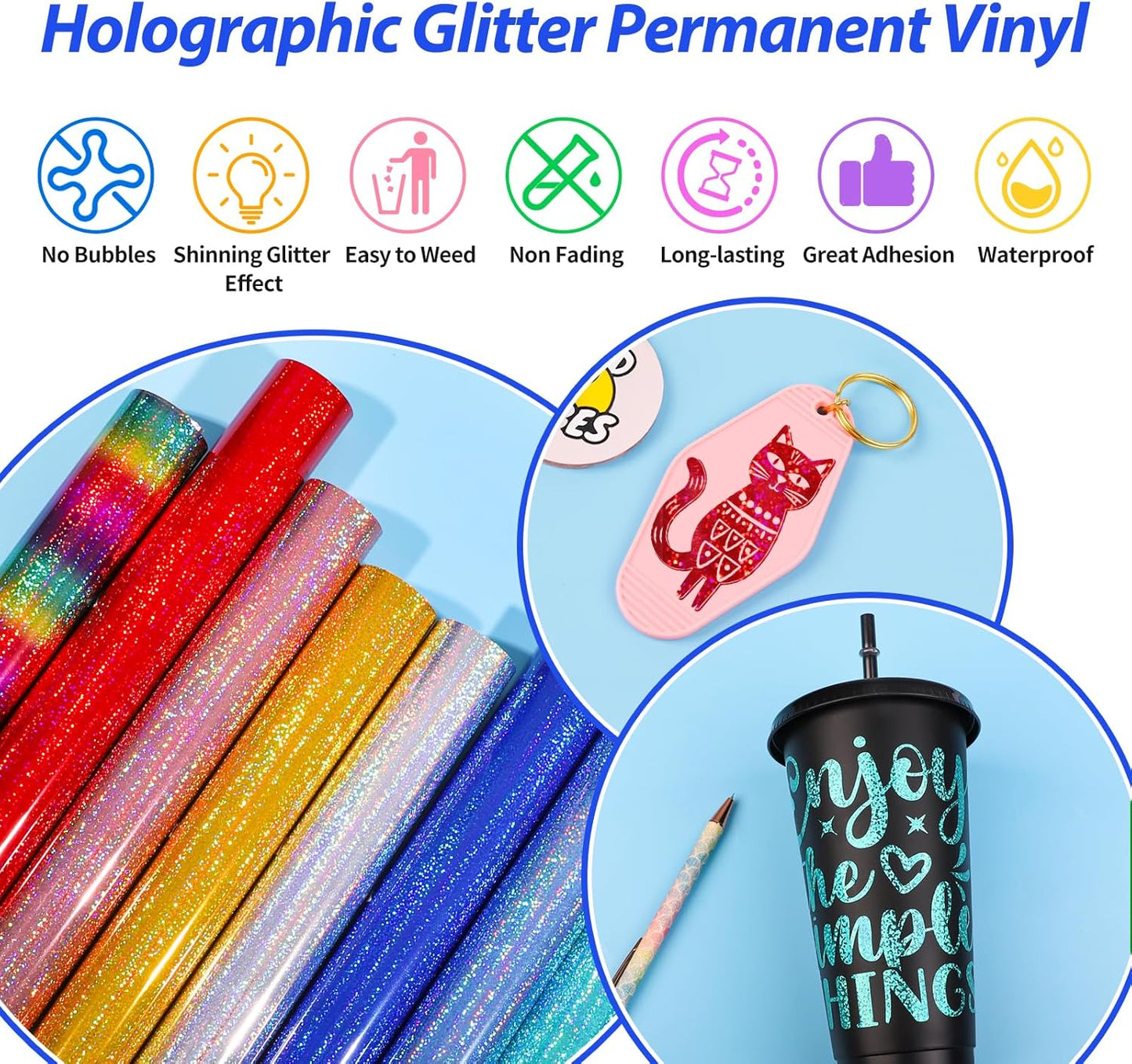GIRAFVINYL Holographic Glitter Permanent Vinyl Bundle, 9 Assorted Colors 12-Inch Sheets, Glitter Vinyl Permanent Self-Adhesive Durable for Indoor/Outdoor Crafts, Easy to Cut/Weed with Protective Film
