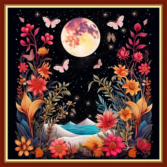 Foxhool Beginners Cross Stitch Kits Stamped Full Range of Embroidery Kits for Adults DIY Cross Stitches kit Embroidery Patterns for Needlepoint kit-Colorful Flower Moon 17.7x17.7 inch