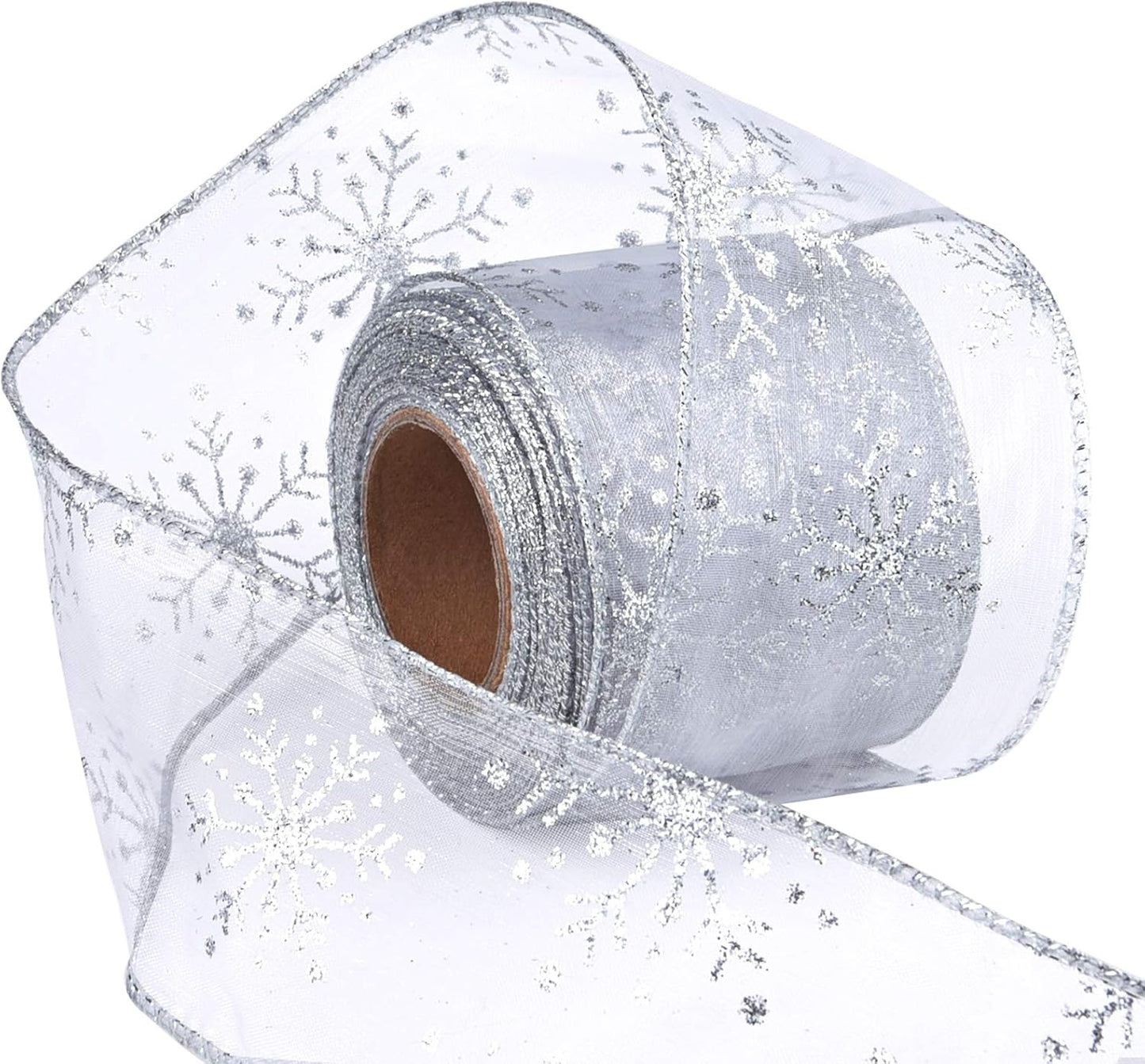 2.5 Inch Wide Christmas Wired Ribbon Snowflake Organza Sheer Glitter Ribbon for Xmas Tree, Wreath, Party Decoration, Gift Wrapping (Silver, 32.7 Foot (Pack of 1))