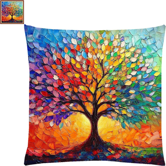 Stamped Cross Stitch Kits for Adults Beginners Pillow Needlepoint Kit with Embroidery Pattern Needlework Kit Prestamped Stitches Kit 11CT Cross Stitching-Colorful Tree 18x18 inch