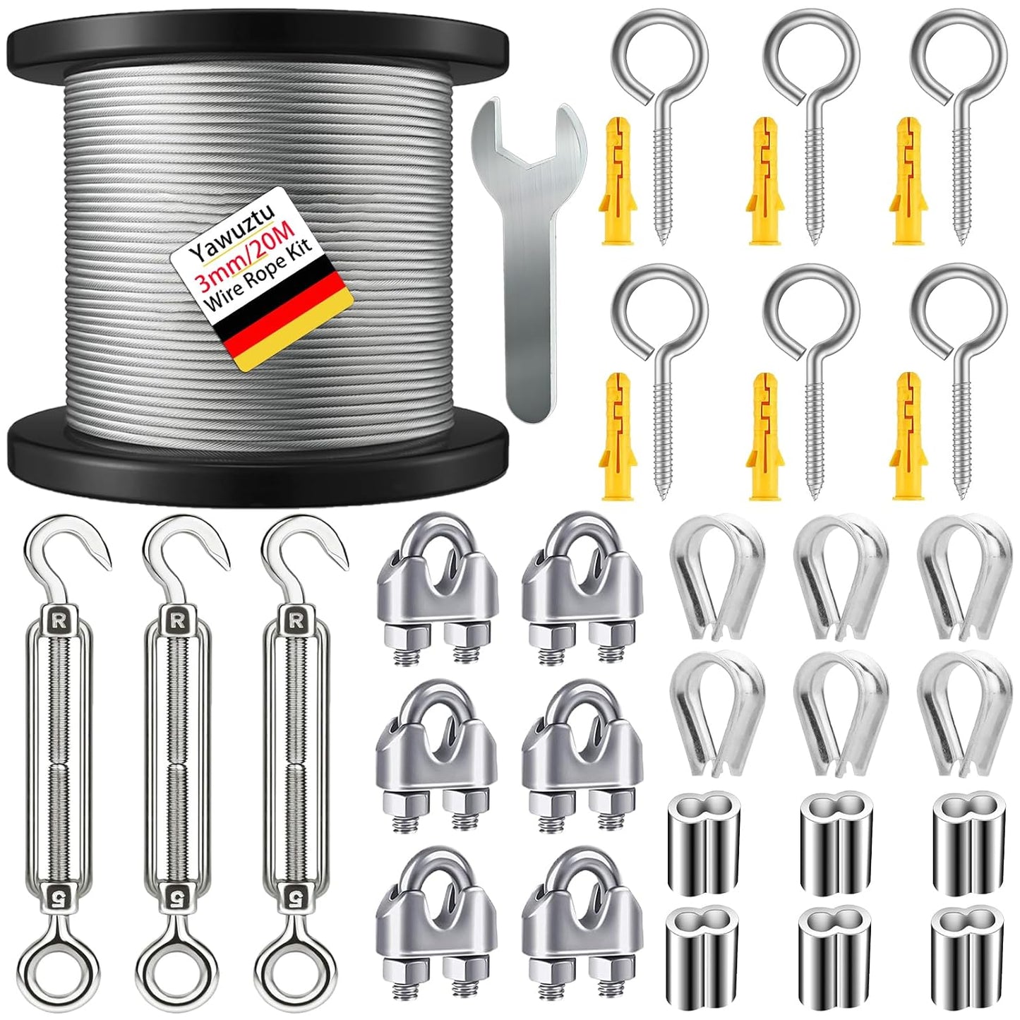 1/8 Inch Heavy-Duty Stainless Steel Cable 65FT Wire Rope with M5 Turnbuckle - 304 Stainless Steel, 1700LB Break Strength for Outdoor Sun Shade, Garden Climbing,Deck Railing (1/8" 65FT Wire Rope Kit)