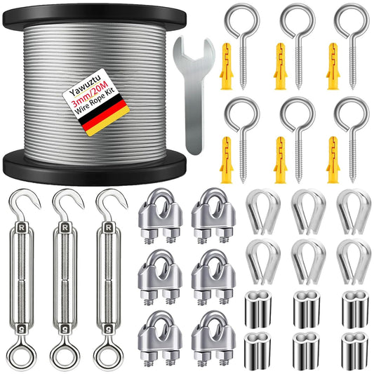 1/8 Inch Heavy-Duty Stainless Steel Cable 65FT Wire Rope with M5 Turnbuckle - 304 Stainless Steel, 1700LB Break Strength for Outdoor Sun Shade, Garden Climbing,Deck Railing (1/8" 65FT Wire Rope Kit)