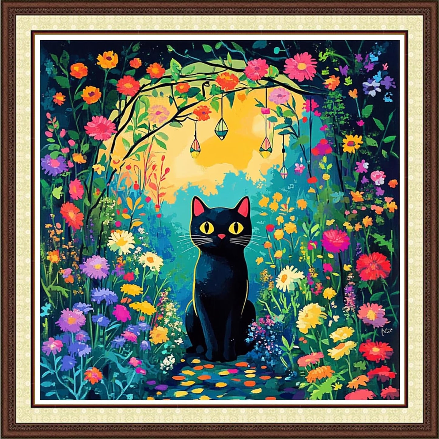 Findvoor Counted Cross Stitch Kits for Adults Full Range of Cross Stitching Embroidery Unprinted Pattern for Beginners, 11CT Needlepoint Kit Patterns Embroidery Kits-Garden Trail Cat 18x18 inch