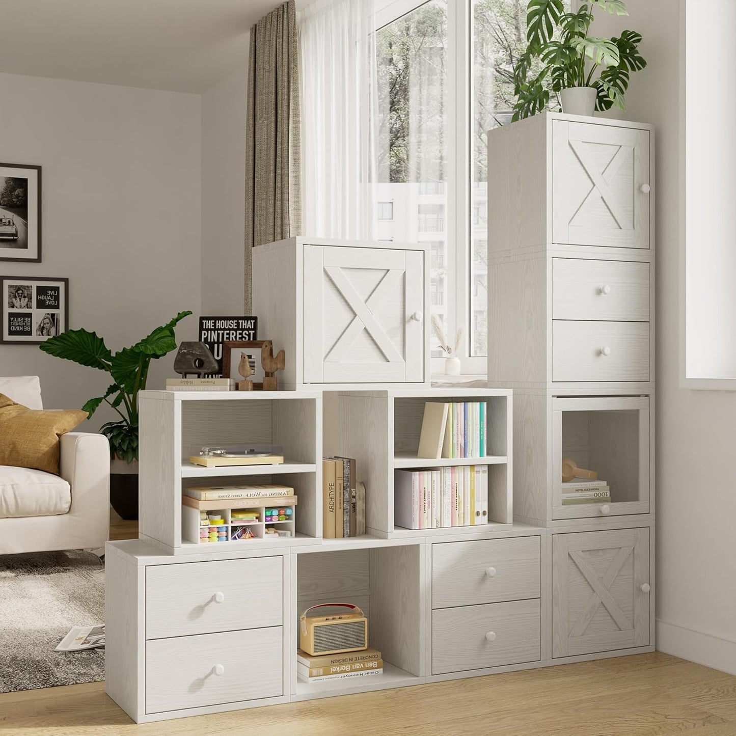 FUSUNBAO Magic DIY Cube Storage Organizer Stackable Cubes for Home Books Clothes Toy-Modular Cubby Storage System-Office Cubical-Bookcase Closet (Pure White-Washed, Door Cube)