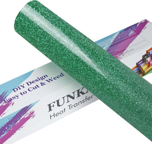FUNKAKA Glitter Green HTV Heat Transfer Vinyl Rolls, 12" x 8ft PU Iron on Vinyl for T-Shirt Green Glitter HTV Vinyl for All Cutter Machines Easy to Cut & Weed for Heat Vinyl Design