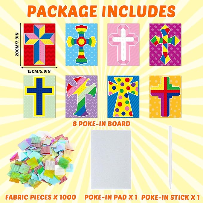 8PCS Poke-in Craft and Art Kit Religious Cross Themed No-Mess Fabric Sewing Art Puzzle Puncture Painting Christian Sunday School VBS Creative Activity Game Birthday Party