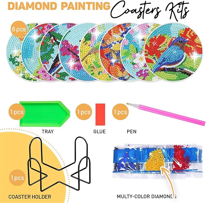 8 pcs Diamond Painting Coasters | Diamond Art Coasters | Birds Diamond Art Painting | Perfect Art Craft Gift for Birds Lover, Dad, Mom, Grandparents, Brother, Sister.