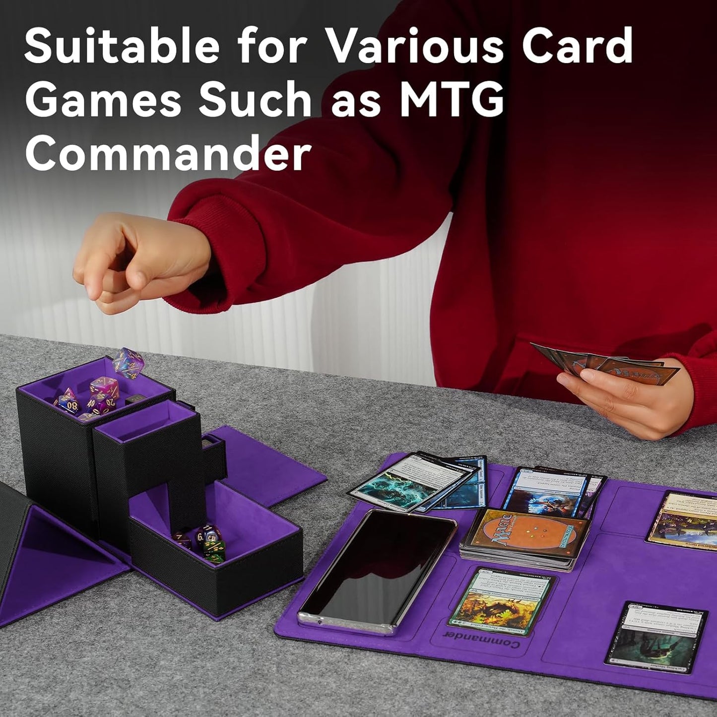 Leather Dice Tray & Tower Storage Box, 3 in 1 Dice Holder Case (Rolling Tray, Tower, Storage Drawers), Magnetic Closure DND Accessories Gifts for RPG MTG, Black/Violet