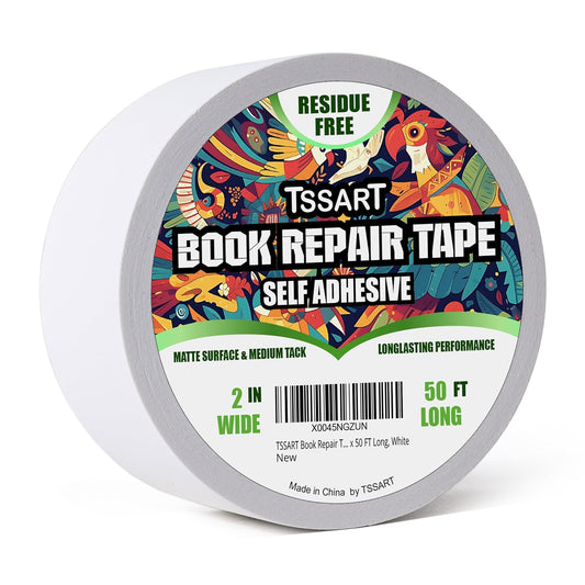 Book Repair Tape - Self Adhesive Matte Book Binding Tape for Reinforcing Protecting, and Covering Mending Books Old Books - 2 Inch Wide x 50 FT Long, White