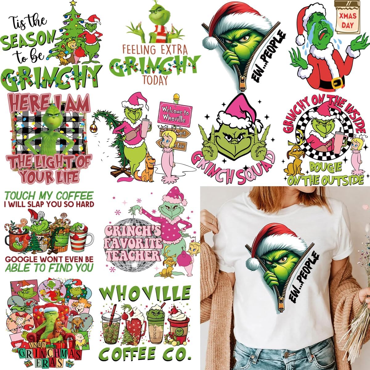 Christmas Iron on Decals Transfer, Funny Christmas Heat Transfer Stickers Iron on Patches for Clothes T-Shirts Pillow Cover Hoody Bag Xmas DIY Craft Supplies Vinyl Stickers (12PC-B)