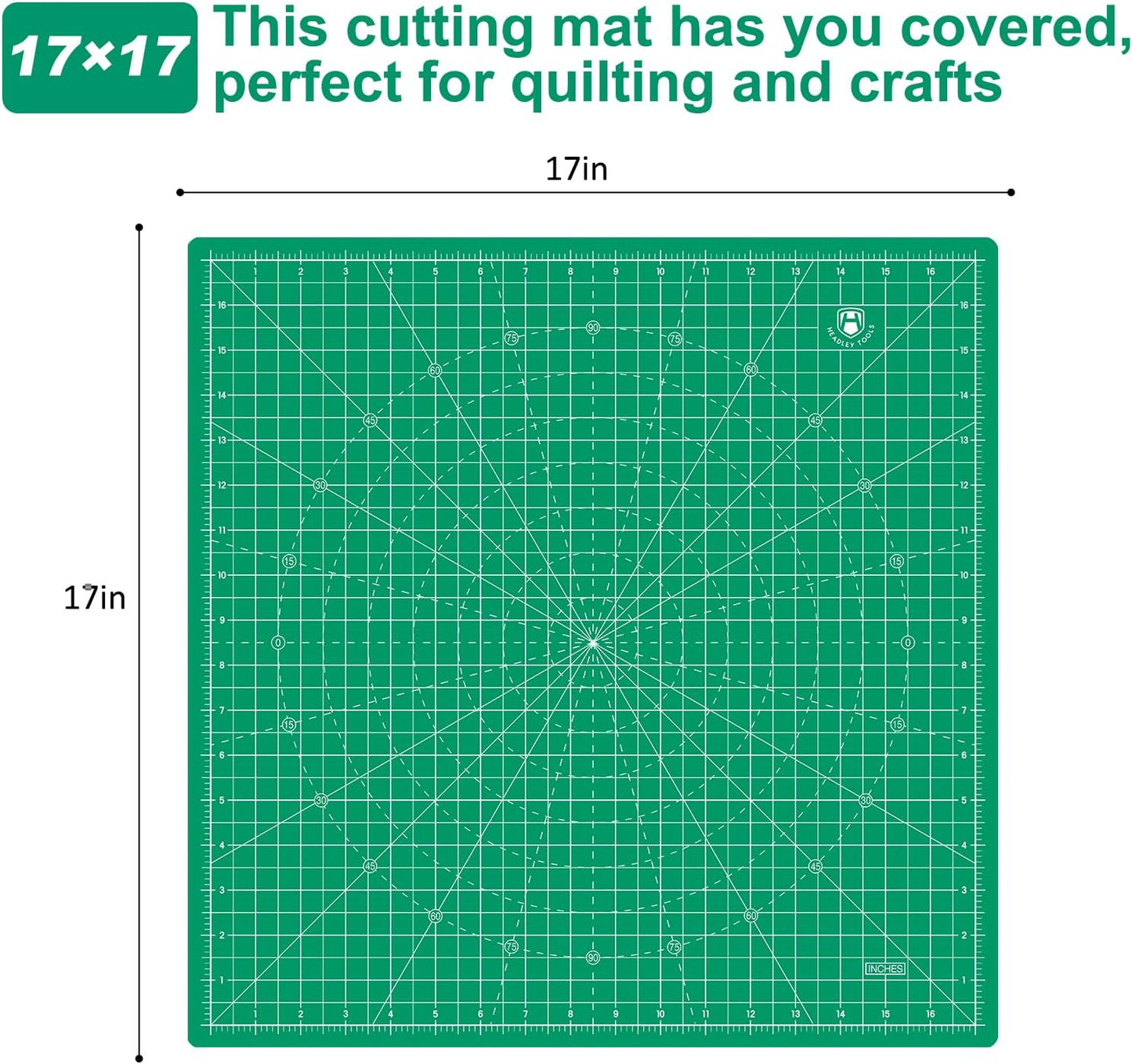 Headley Tools 17"x17" Rotating Cutting Mat, Self Healing Mat with 360-Degree Rotation & Anti-Slip Base, Sewing Board Cutting Mat Perfect for Fabric Quilting Leather Hobby Project, Green