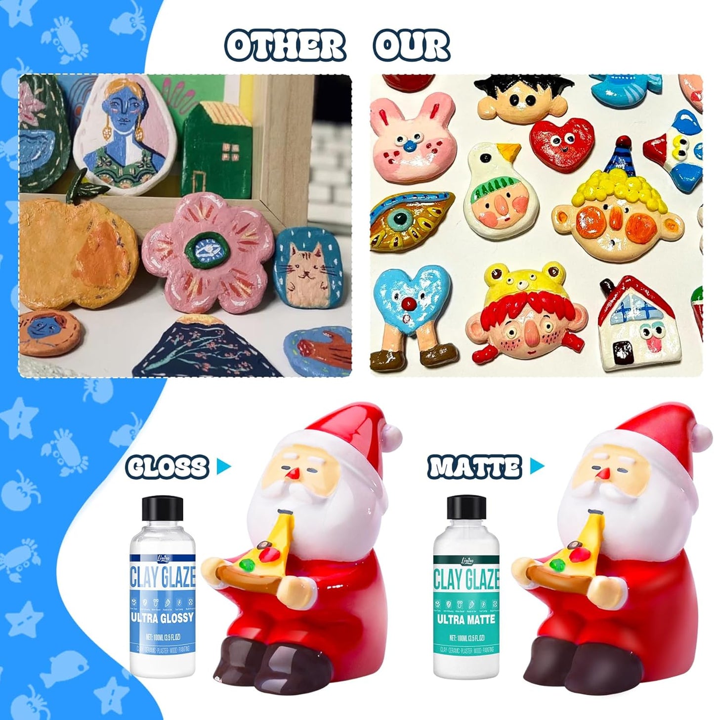 Air Dry Clay Glaze - Upgraded Polymer Clay Glaze, 2 x 100ml Ultra Gloss and Matte Finish Varnish Pottery Glaze, Clay Sealant to Prevent Scratches, Wear, Cracking - Professional Clay Tools, Quick Dry