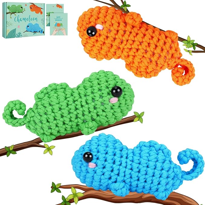 Fortuning's JDS Crochet Kit for Beginners - 3 PCS Baby Chameleon Crochet Kits with Step-by-Step Video Tutorials, Beginner Crochet Kit for Adults Kids, Chameleon Crocheting Set (Orange&Blue&Green)