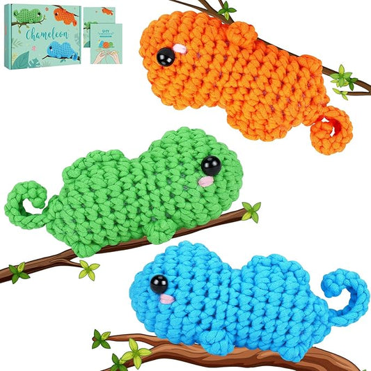 Fortuning's JDS Crochet Kit for Beginners - 3 PCS Baby Chameleon Crochet Kits with Step-by-Step Video Tutorials, Beginner Crochet Kit for Adults Kids, Chameleon Crocheting Set (Orange&Blue&Green)