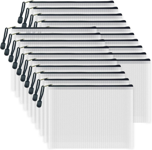 AUSTARK 20 Pcs Zipper File Bags, Plastic Mesh Pouch, Board Game Storage Bag, Waterproof Bags for Office School (A5 Size 9.2''x6.7'', White and Black)