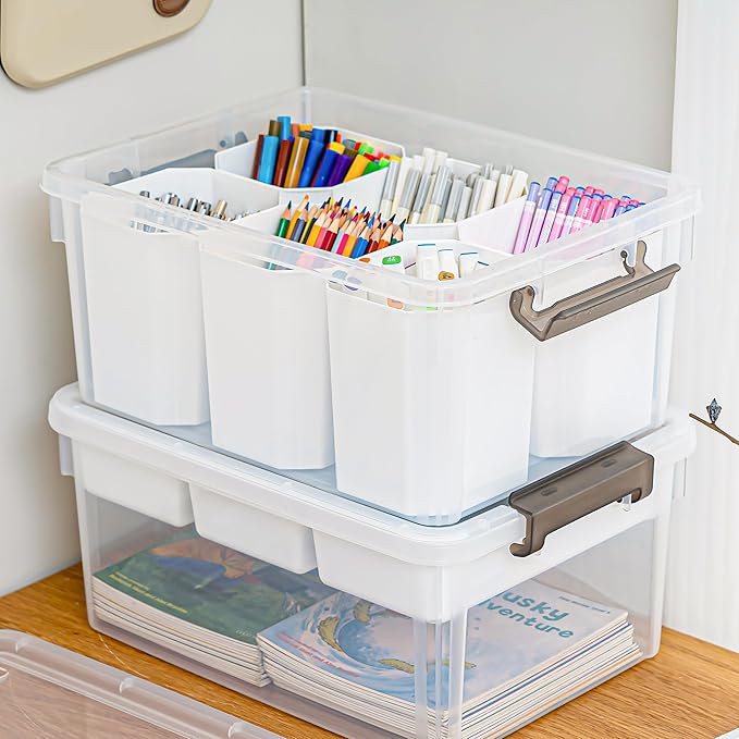 Citylife 17 QT Plastic Storage Box with Removable Tray and 6 Detachable Tall Inserts Craft Organizers and Storage Clear Storage Container for Organizing Crayon, Craft, Sewing, Playdoh, 2 Packs