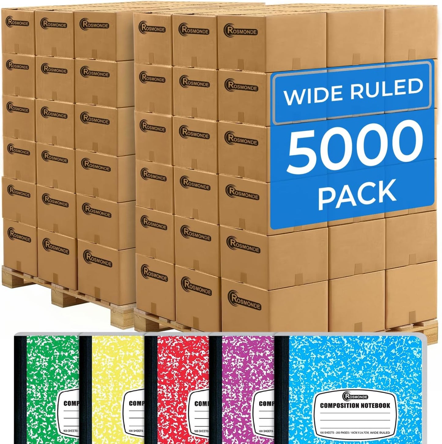 Rosmonde 5000 Pack (Pallet) Composition Notebooks Bulk, Wide Ruled, 200 Pages (100 Sheets), 9-3/4 x 7-1/2, Bulk Supplies for School Districts, Wholesale Orders, Educational Centre, 4-7 Days Transit