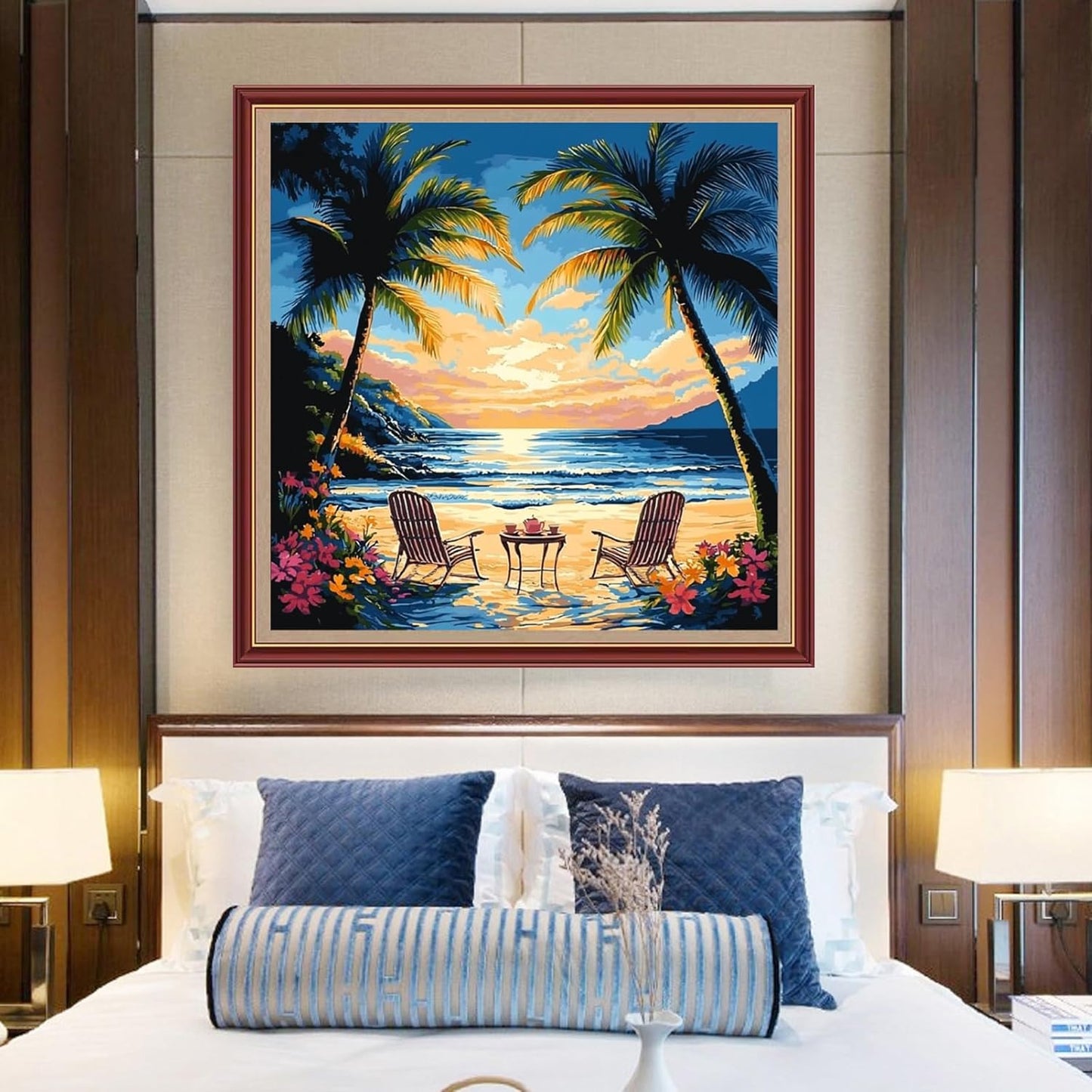 DMCXART Counted Cross Stitch Kits for Adults Needlepoint Kits Unprinted Cross Stitching Embroidery Kit 11CT Cross Stitch Supplies-Drinking Tea at Sunset by Seaside 18x18 inch