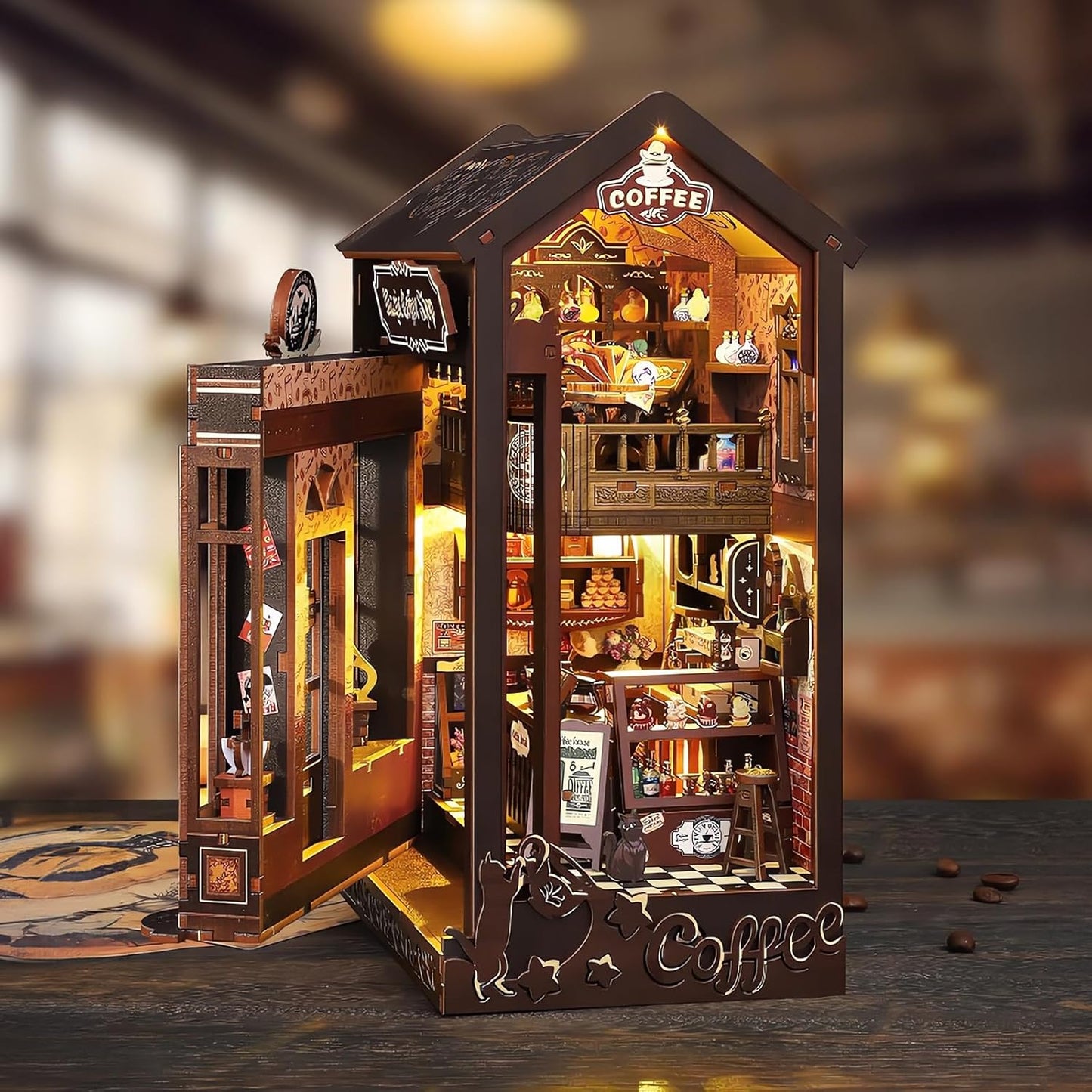 DIY Book Nook Kit, Miniature Dollhouse Bookshelf Insert with Light, Laser-Cut Wooden Craft Set for Adults, Perfect for Teens and Adults, Coffee Shop