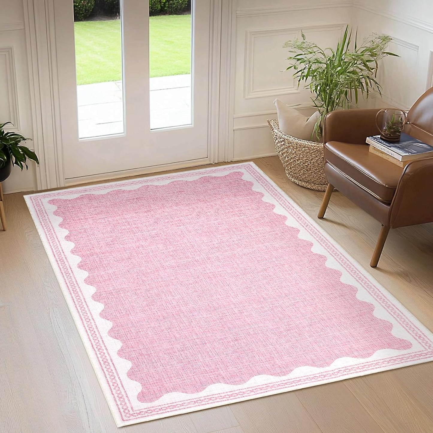 Scalloped 3x5 Rugs for Entryway, Small Area Rug Solid Pink Rug for Bedroom Girls, 3x5 Washable Rugs for Living Room, Non Slip Scalloped Bath Mat, Soft Dorm Nursery Carpet for Bedside