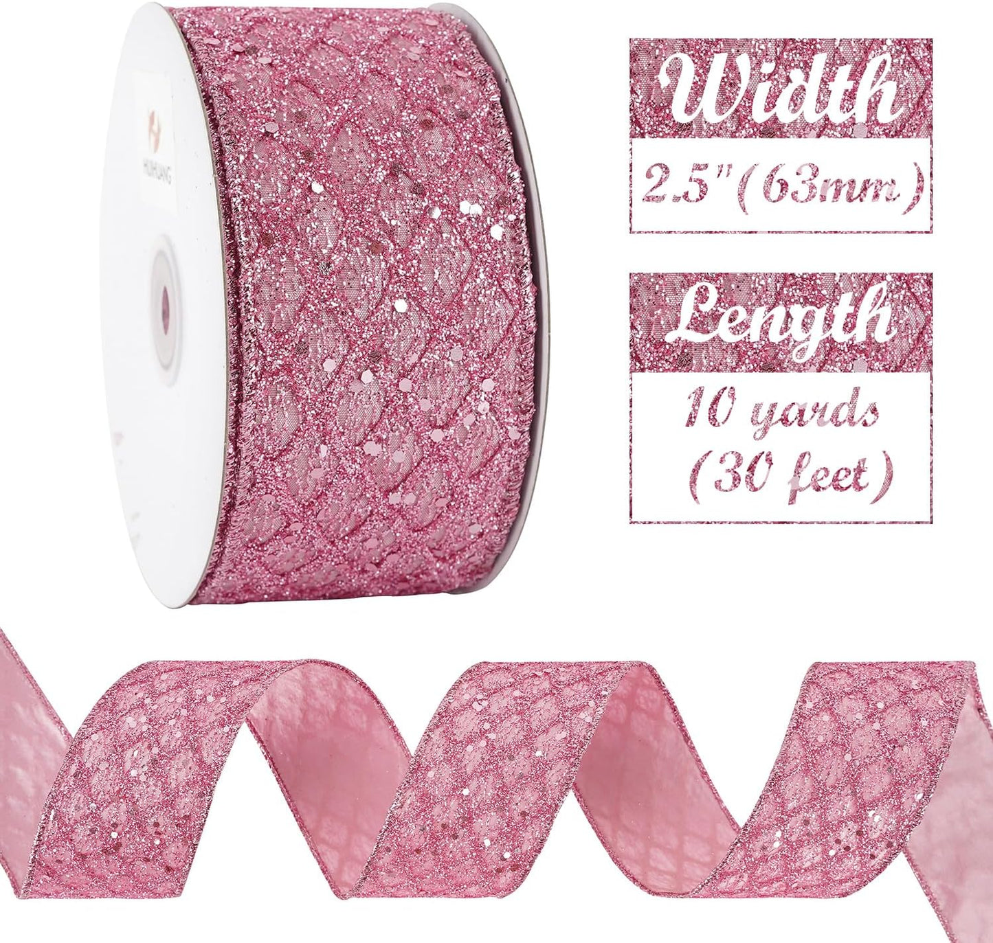 HUIHUANG Pink Glitter Wired Ribbon for Christmas Tree 2.5 inch Light Pink Diamond Mesh Wire Ribbon for Tree Decoration, Wreaths, Garland, Gift Wrapping, Bows Making, Home Decor -10 Yards