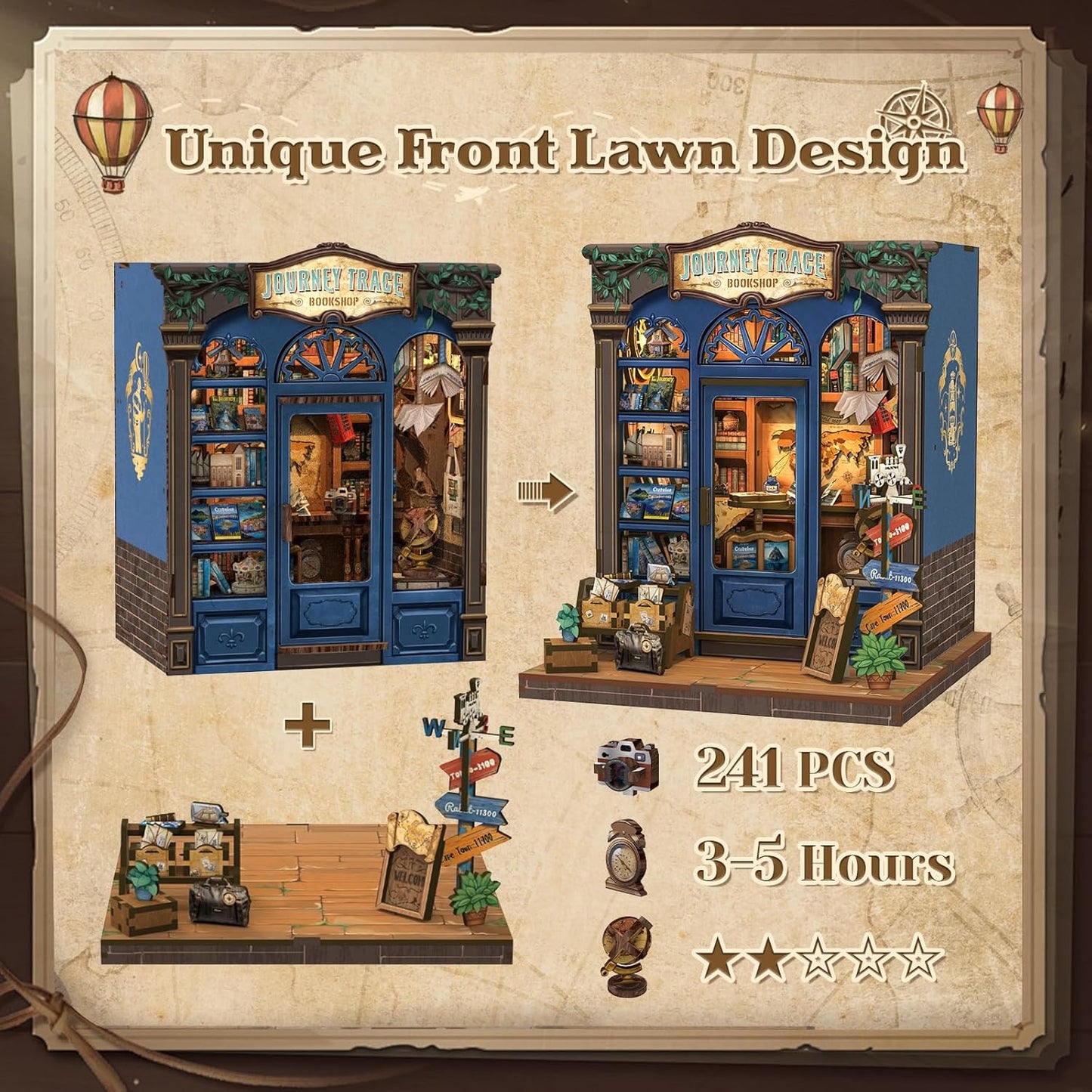 CUTEBEE Book Nook Kit - DIY Miniature House Dollhouse Kit for Adults and Teens, Booknook Tiny House Bookshelf Decor 3D Wooden Puzzle, Gifts for Family, Friends (Journey Trace Bookshop)