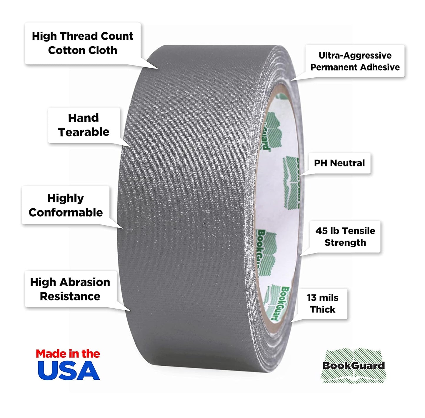 BookGuard 1-1/2 Inch Vinyl-Coated Cotton Cloth Bookbinding Repair Tape, 15 Yard Roll, Gray