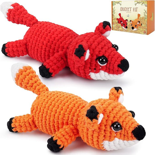 Fortuning's JDS Crochet Kit for Beginners - 2 PCS Fox Crochet Kits with Step-by-Step Video Tutorials, Beginner Crochet Kit for Adults, Crochet Animal Kit for Kids, Crochet Fox Set (Orange & Red)
