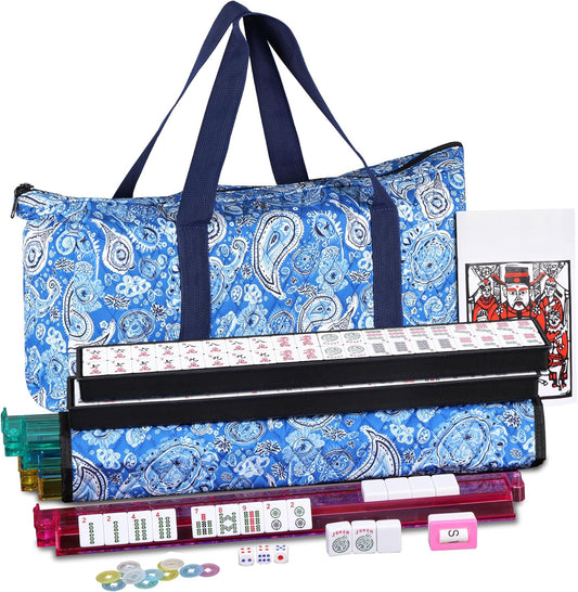 Smartxchoices 166 Tiles Mah Jongg Set American Mahjong, 4 All-in-One Mahjong Racks with Pushers, Mahjongg Game with Soft Velour Blue Bag, Western Mah Jongg Tiles