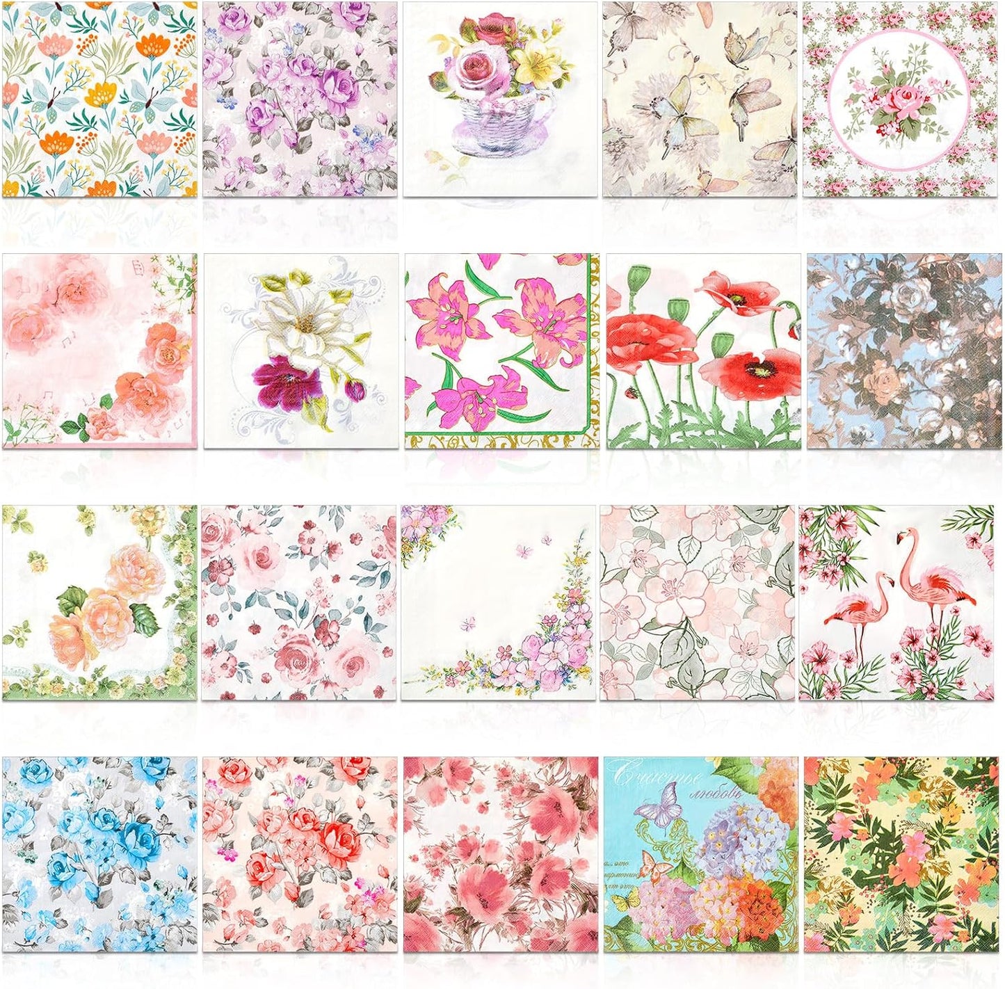 Crtiin 20 Pack Assorted Floral Napkins for Decoupage Toilet Napkins Flower Cocktail Decorative Paper for Birthday Party Beautiful Gorgeous, 20 Styles Each 6.5 inches(Style 3)
