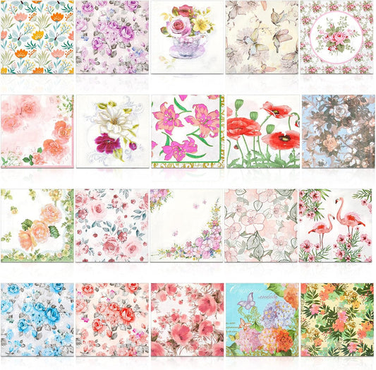 Crtiin 20 Pack Assorted Floral Napkins for Decoupage Toilet Napkins Flower Cocktail Decorative Paper for Birthday Party Beautiful Gorgeous, 20 Styles Each 6.5 inches(Style 3)