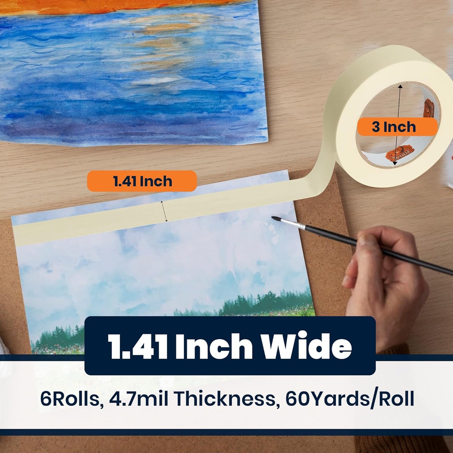 TAPEBEAR General Purpose Masking Tape 1.41 Inches x 60 Yards, Beige White Painters Tape for Painting, Labeling, DIY Arts Crafts, Home Office School Projects, 6 Rolls