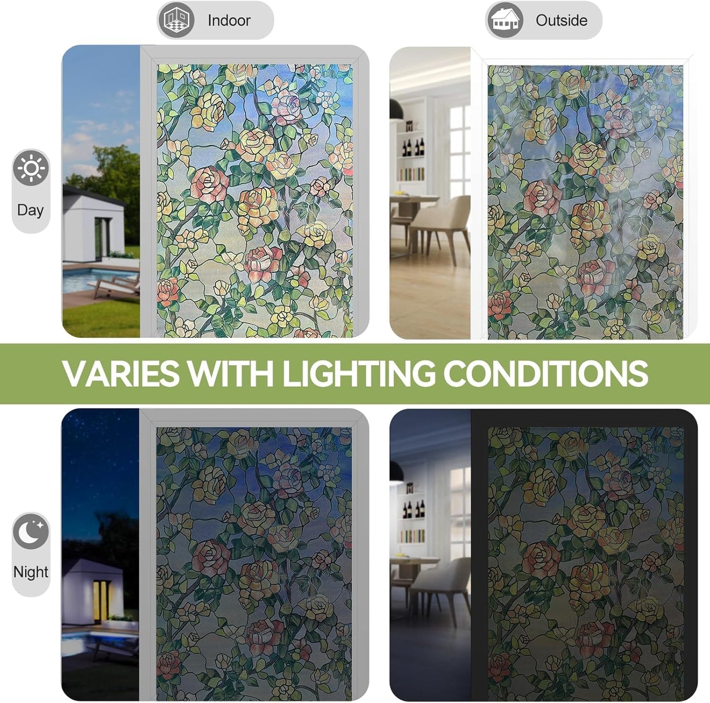 Stained Glass Window Film, 3D Decorative Window Privacy Film for Bathroom,Front Door,Home, Sun Blocking Heat Control,Static Cling, The Beast's Rose 17.3inch x 47.2inch