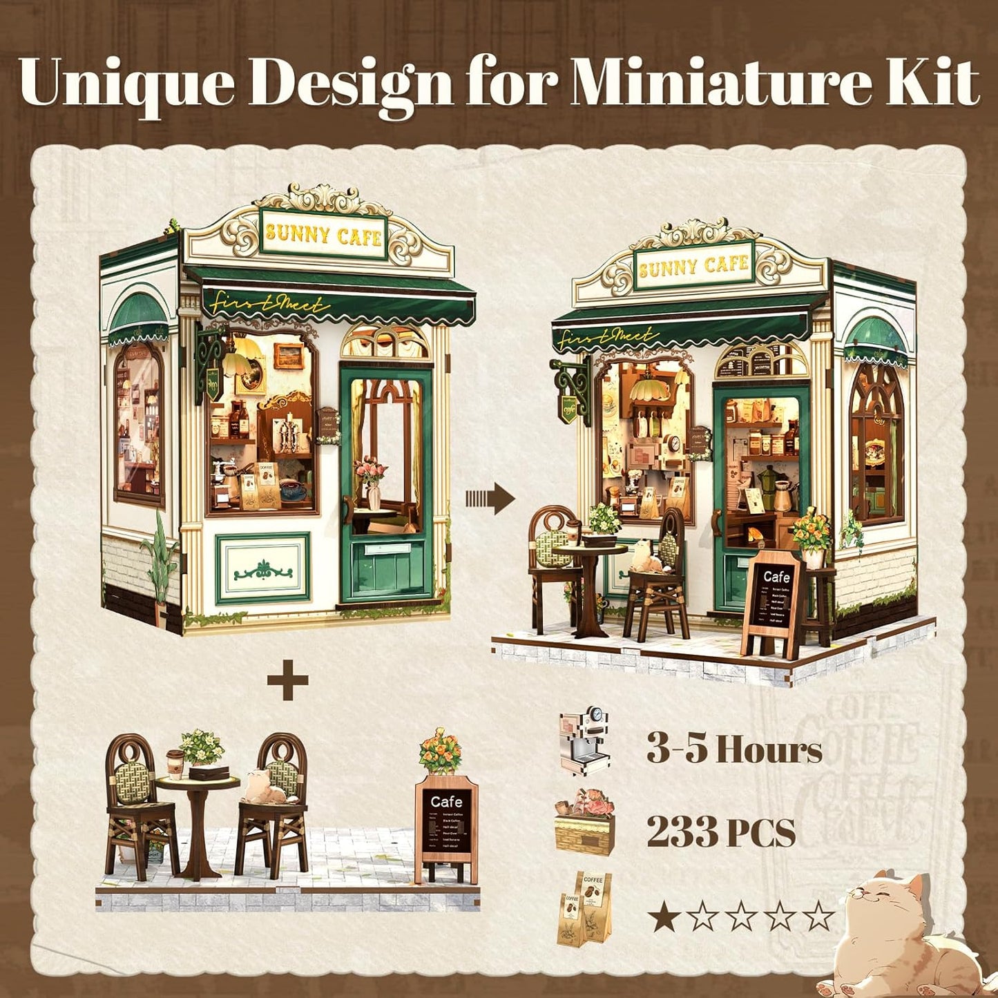Fsolis Book Nook Kit - DIY Scene Miniature Dollhouse Kit for Adults Bookshelf Puzzle Tiny House Mini Craft Coffee Shop Model Bookshelf Decor Gifts for Women Book Lovers Puzzle Beginners (Sunny Cafe)