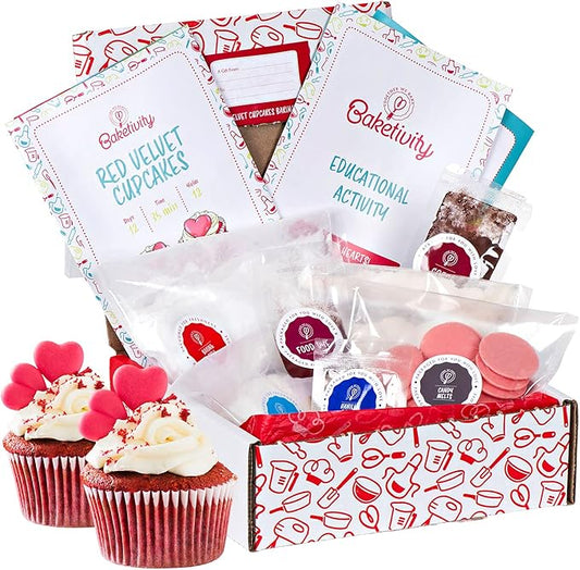 Baketivity Kids Baking Set, Meal Cooking Party Supply Kit for Teens, Real Fun Little Junior Chef Essential Kitchen Lessons, Includes Pre-Measured Ingredients (Baketivity Kit, Red Velvet)