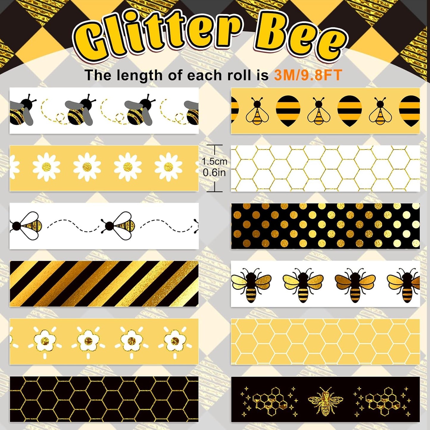 Whaline 12 Rolls Bee Washi Tape Foil Gold Honey Bee Washi Masking Tape 15mm Wide Bumblebee Honeycomb Daisy Print Decorative Adhesive Masking Tape for Scrapbook Gift Wrapping DIY Art Crafts