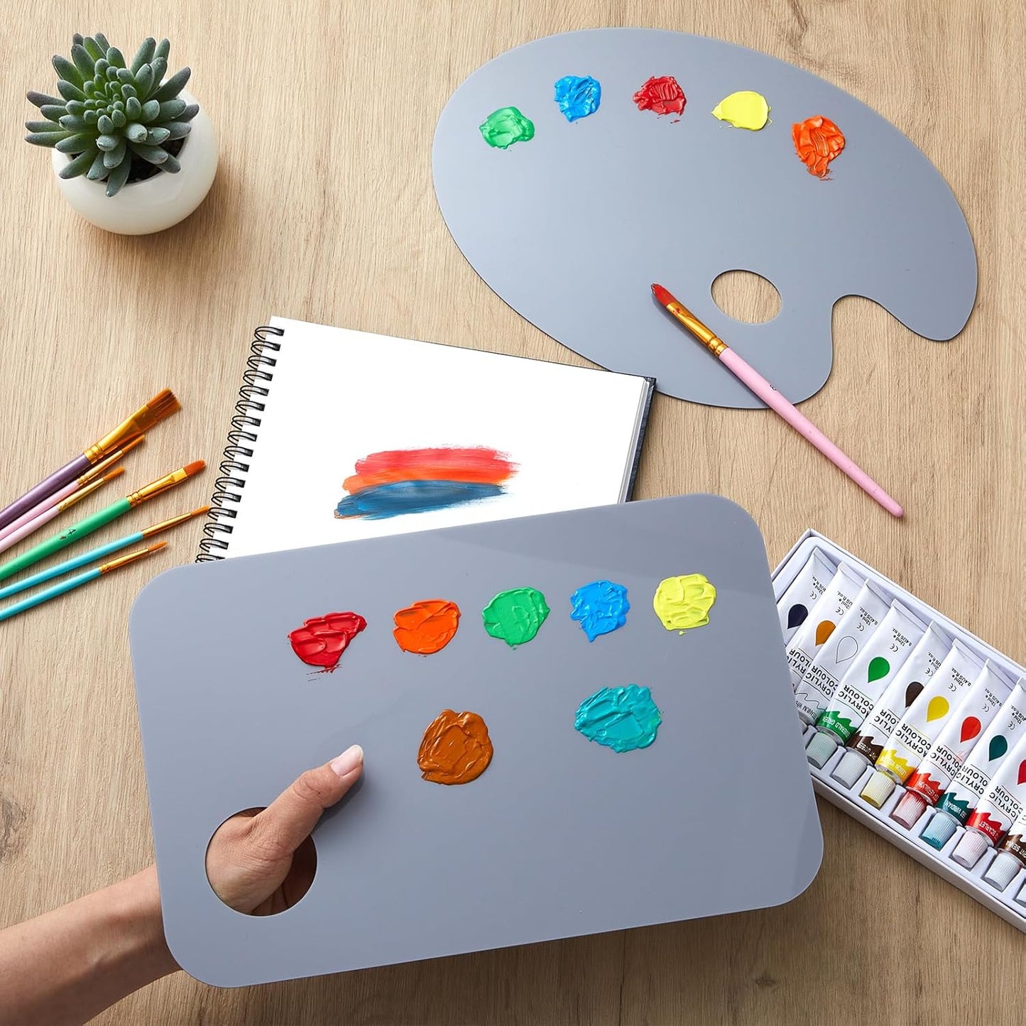 Honoson 2 Pack 11.8 x 7.9 Inch Acrylic Paint Palette with Thumb Hole Clear Paint Pallet, Easy to Clean Non Stick Artist Pallet for Oil Watercolor Craft DIY Painting Palette (Square and Oval)