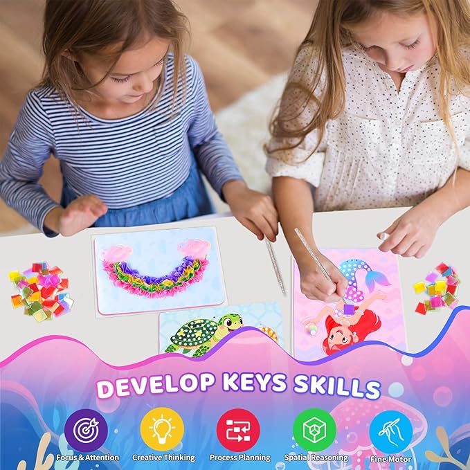 Ancitoy Ocean Mermaid Poke Art Wind Chime Craft Kit – DIY Arts and Crafts for Kids Ages 4-9, Mess-Free Fabric Art Activity, Creative Birthday Gift for Girls and Boys