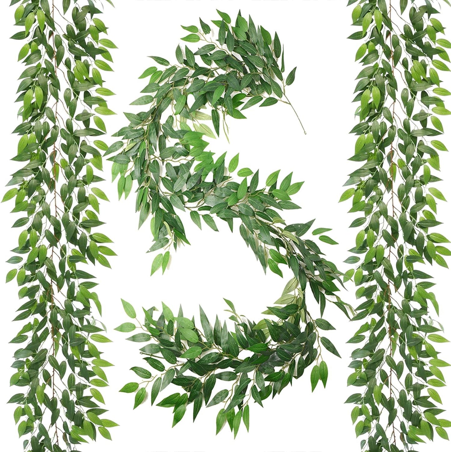 Artificial Italian Ruscus Vines, 3Pcs/75 Silk Vine Garland with Green Leaves, Fake Hanging Plants Greenery Decor for Home, Bedroom, Wall, Party, Wedding Decoration(75inch/3pcs/Vines)