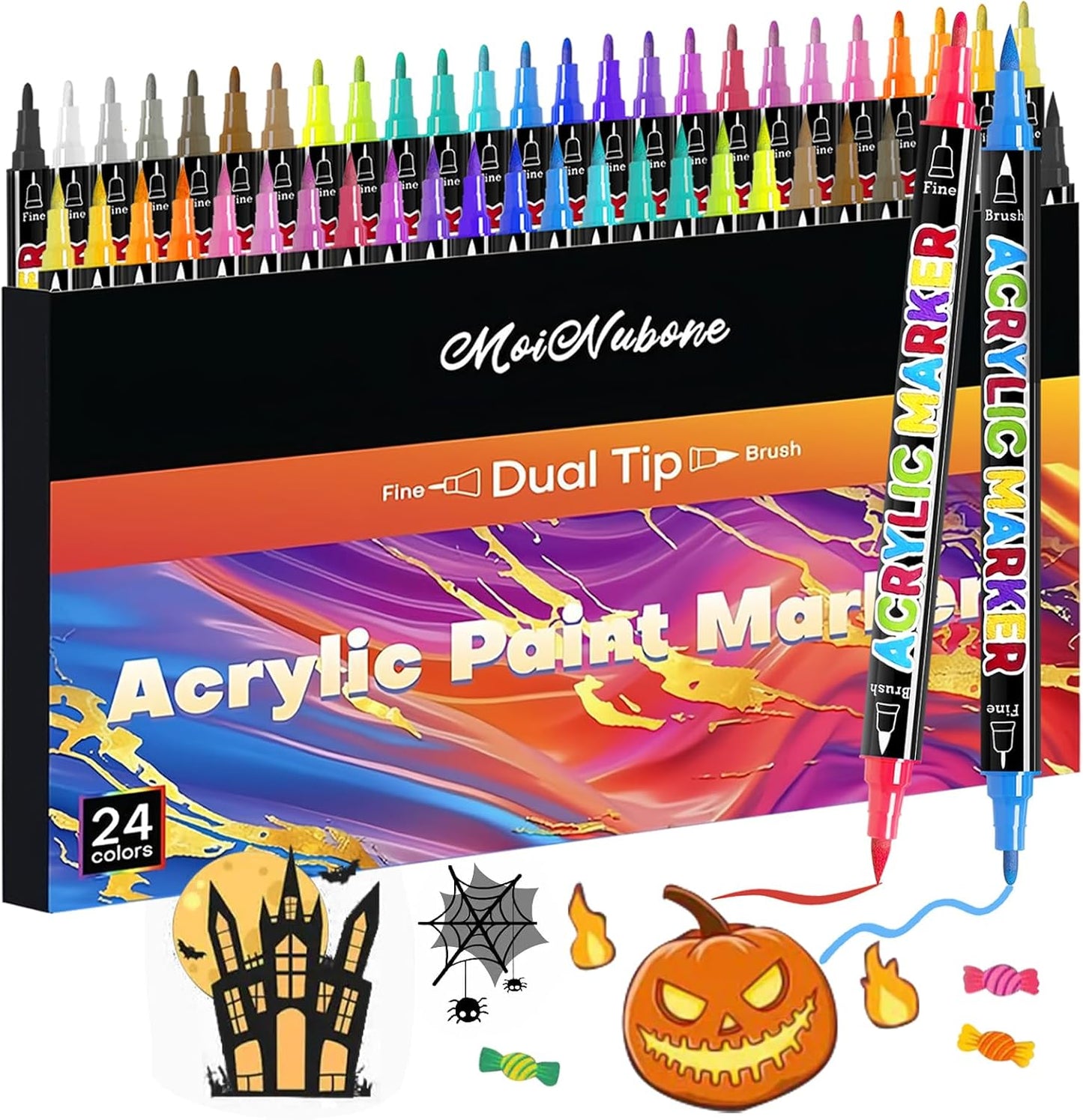 24 Colors Dual Tip Acrylic Paint Markers, Premium Acrylic Paint Pens for Halloween Decorations, Pumpkin Painting Kit, Rock Painting, Canvas, Stone, Wood, Glass, DIY Crafts & Art Supplies