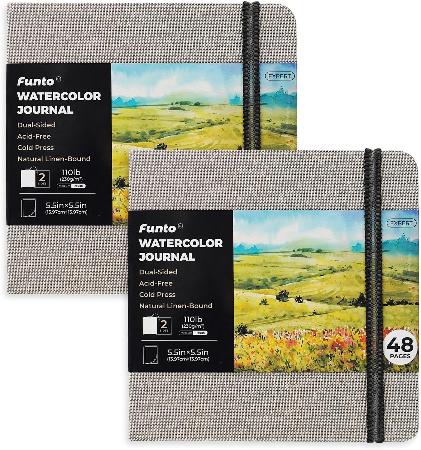 Funto Watercolor Journal, Square, 5.5x5.5, Portable 2-Pack, 48 Pages Each, Gray Cover, 110lb/230gsm, Art Supplies for Mixed Media
