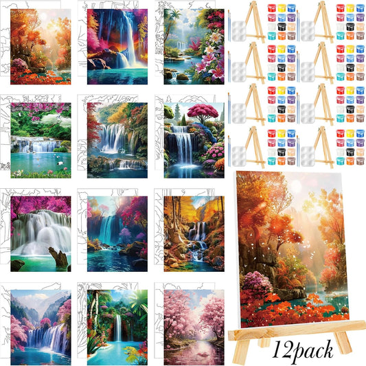 Zhanmai 12 Pack Pre Drawn Canvas for Painting Sip and Paint Kit 8" x 10" Paint Party Set Canvas Painting Pre Printed Canvases for Party Favor DIY Virtual Adult's Date Night(Realistic Landscape)