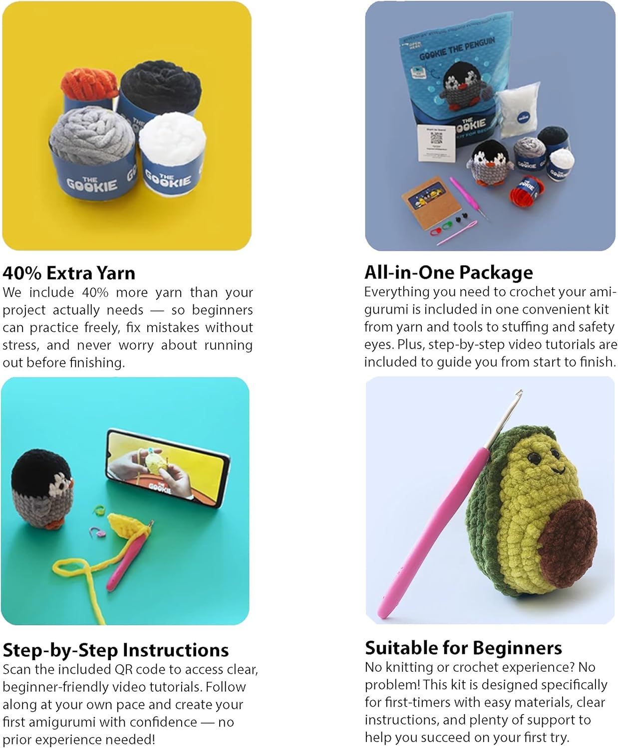 THE GOOKIE Amigurumi Crochet Kit for Beginners – DIY Crochet Kit with Yarn, Hook, Eyes & Stuffing – Easy Starter Set with Video Tutorials – Cute Plush Toy Craft Gift for Kids, Teens & Adults (Cat)